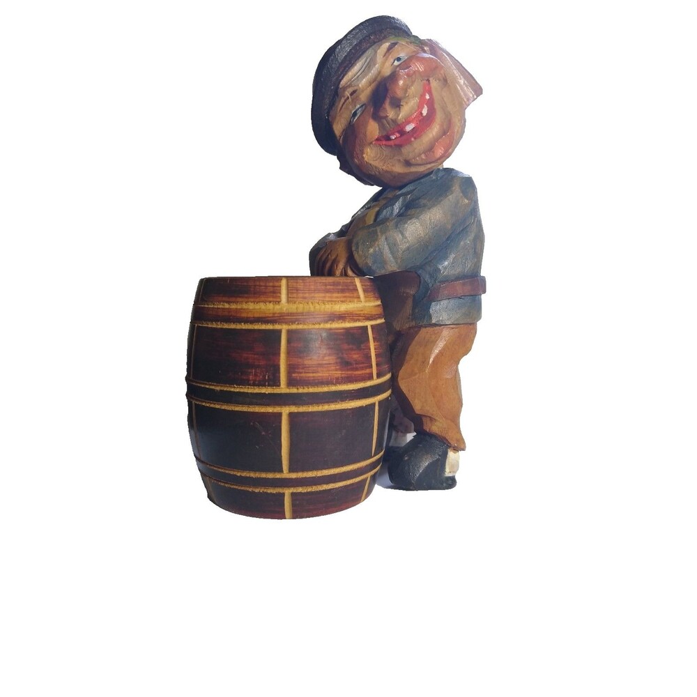 ANRI Vintage Hand-Carved Wood Pivot Head Figurine Man Leaning Barrel Folk Art